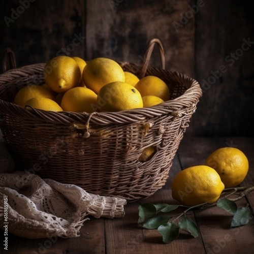 Basket  of lemon on a wooden Table  ai generated