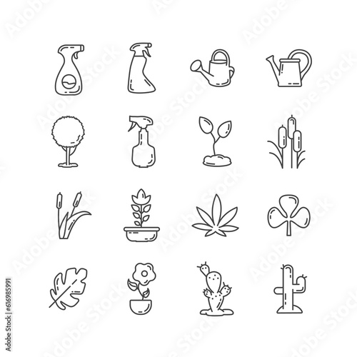 plant line icon set with cactus, reed, leaf