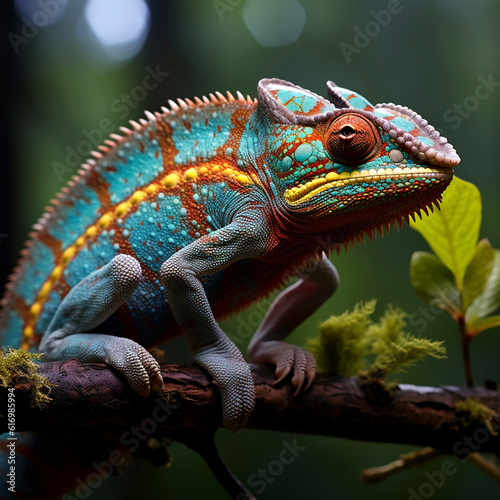 Panther chameleon (Furcifer pardalis)on a branch, ai generated