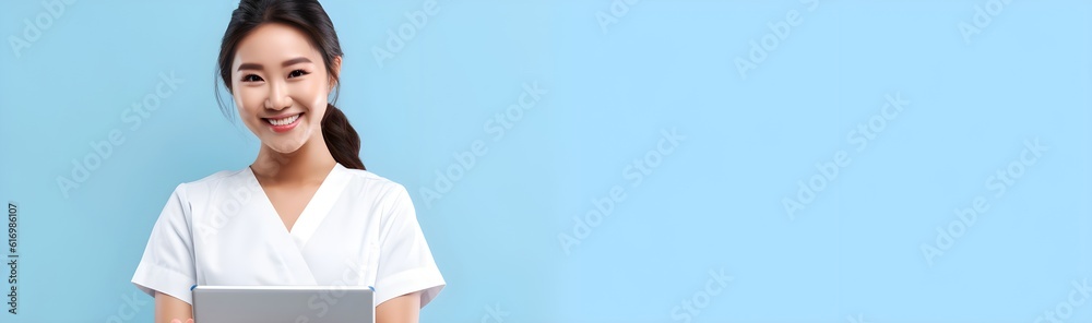 Happy smiling young Asian female nurse in scrub holding an empty sheet on clipboard on blue modern background studio portrait. Healthcare personnel, beauty care, physiotherapy, banner, AI Generated Happy smiling young Asian female nurse in scrub holding an empty sheet on clipboard on blue modern background studio portrait. Healthcare personnel, beauty care, physiotherapy, banner, AI Generated