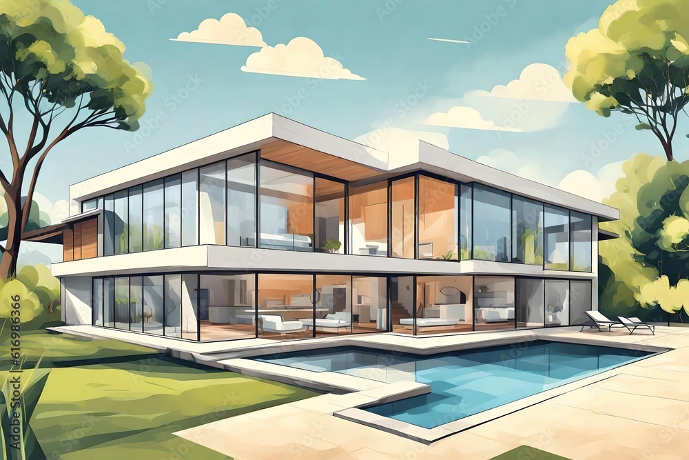 Illustration of a modern house, Generative AI