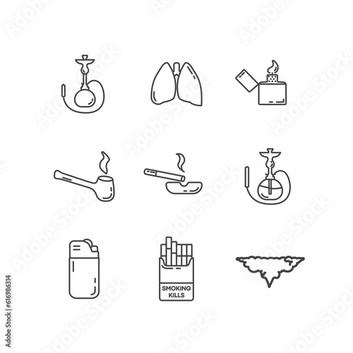 smoking line icon set with lighter, cigarettes, shisha