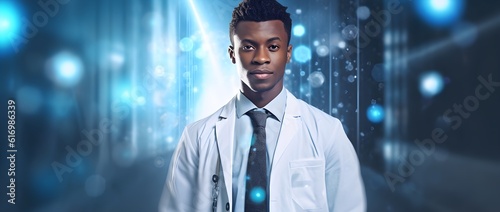 Close up portrait of smiling positive young African American beautiful male medical worker, doctor in white, clinic, looking at camera, bokeh abstract glowing blue background, copy space, AI Generated photo