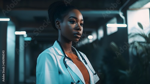 Close up portrait of positive young African American beautiful female medical worker, doctor in white standing in clinic, concentrated looking away, bokeh sunlight background, copyspace, AI Generated