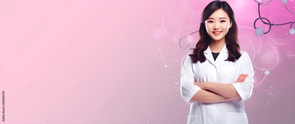 Happy smiling Asian young female nurse, white scrubs isolated on pink modern color background studio portrait. Healthcare personnel medicine, beauty care, physiotherapy concept, banner,  AI Generated.