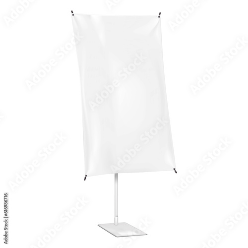 X-banner stand on base vector mockup. Blank adjustable banner display isolated on white background. Collapsible advertising sign realistic mock-up. Template for design