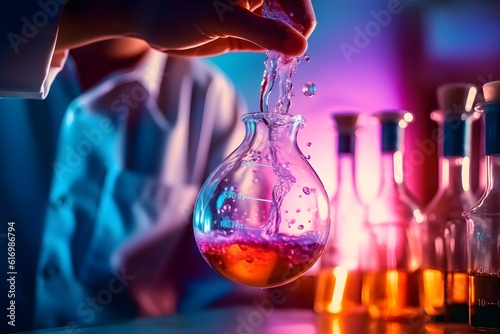 A hand is mixing some chemicals in a glass, concept of medical or science laboratory, liquid drops in blue, orange and red tone background, close up, macro photography picture, magic, AI Generated