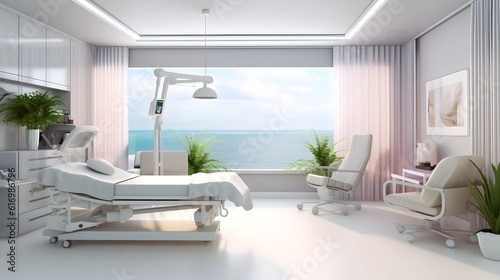 Hospital large white and green room interior with comfortable beds and medical equipment in modern hospital clinic, clean, wide windows, beautiful nature view, 3D, warm colors, eco relax, AI Generated © Vladislava