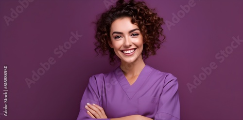 Happy smiling young female nurse in purple scrubs isolated on violet modern color background studio portrait. Healthcare personnel medicine, beauty care, physiotherapy concept, banner, AI Generated.