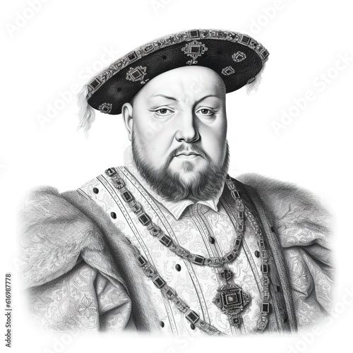 A black and white vintage engraving of King Henry VIII (Henry Tudor eighth or 8th) wearing a hat, face straight-on - Generative AI