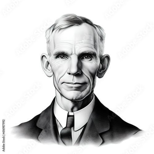 A black and white vintage engraving of the inventor Henry Ford as an old man - Generative AI