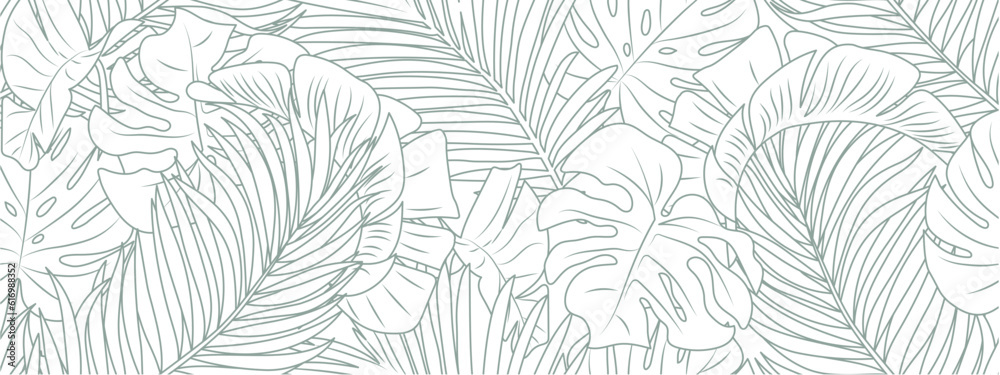Tropical leaf line art wallpaper background vector. Design of natural Monstera leaves and banana leaves in a minimalist linear outline style. Design for fabric, print, cover, banner, decoration.