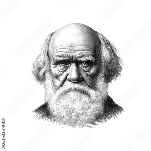 A black and white vintage engraving of Charles Darwin as an old man with a big beard and face straight-on - Generative AI