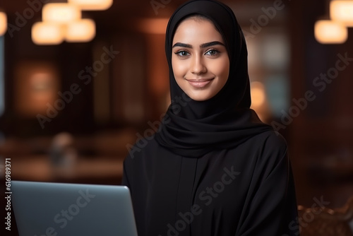 Valokuva Portrait of beautiful Arabic woman in Abaya working on laptop at office