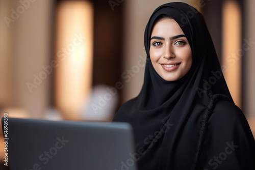 Portrait of beautiful smiling Arabic woman in Abaya working on laptop and looking to camera at office.