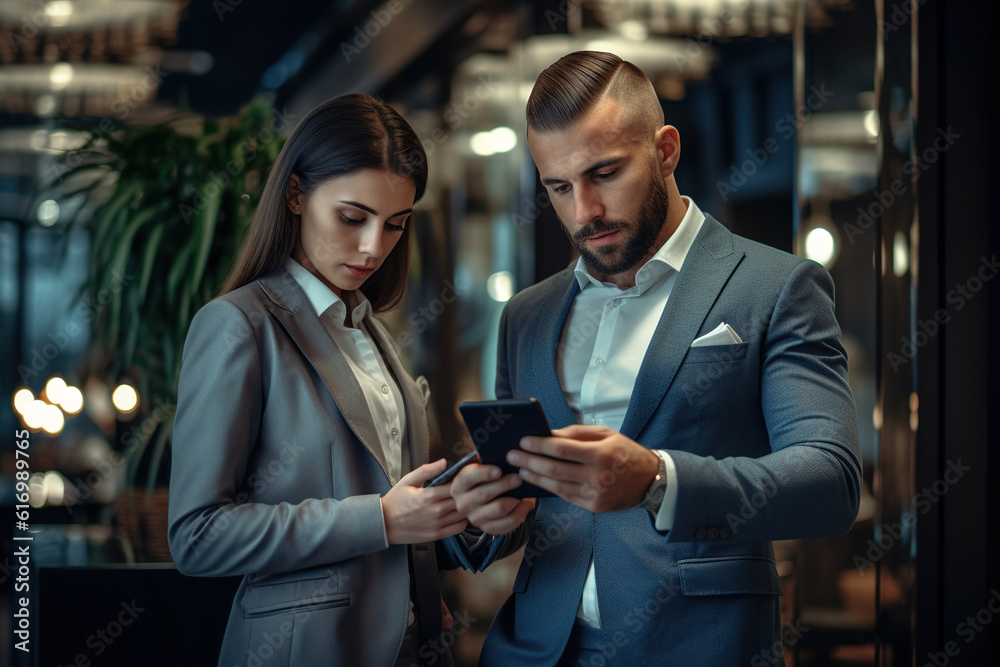 Business colleagues writing messages on mobile phones while standing in office building. Business colleagues writing messages on mobile phones while standing in office building.