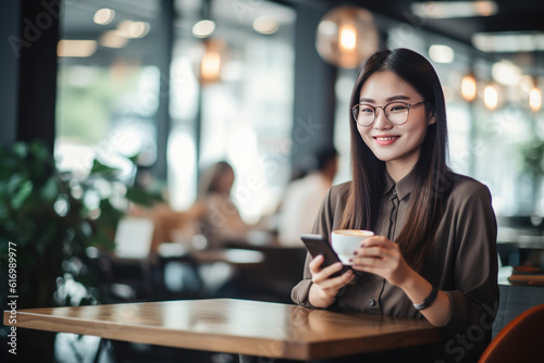 Smiling Asian businesswoman using her phone and having coffee in the coffee shop. © FutureStock