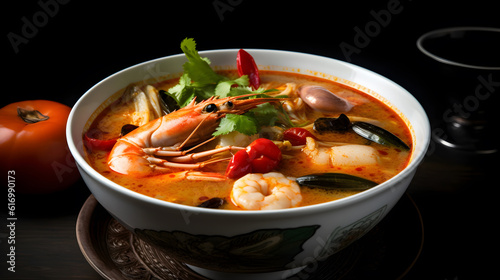 A bowl of thai tong yum soup on black background created with Generative AI © kimly