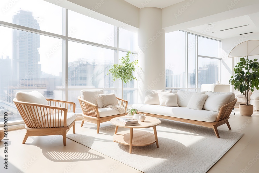 Modern white living room interior 3d rendering image.A blank wall with pure white. Decorate wall with extrude horizon line pattern and hidden warm light,Generative AI