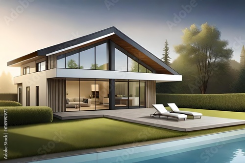 Illustration of a modern house, 3d rendering, Generative AI © RBGallery