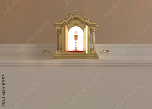 O sacrário sobre o altar contendo a hóstia consagrada e o cálice com o vinho consagrado, que são verdadeiramente o Corpo e Sangue de Nosso Senhor Jesus Cristo - Ilustração 3D photo