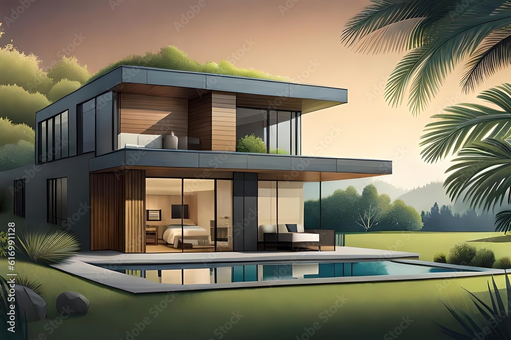 Illustration of a modern house, 3d rendering, Generative AI Illustration of a modern house, 3d rendering, Generative AI