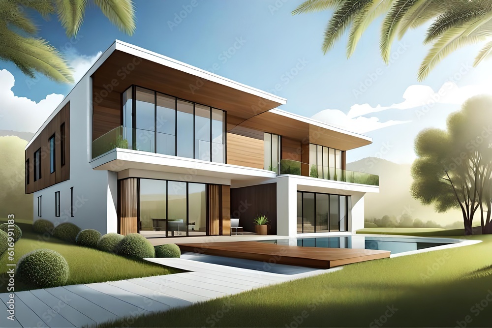 Illustration of a modern house, 3d rendering, Generative AI