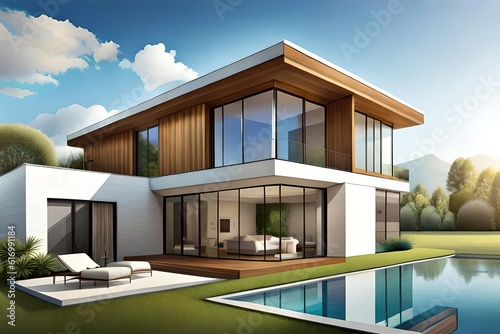 Illustration of a modern house, 3d rendering, Generative AI © RBGallery