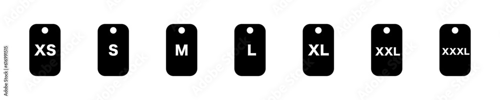 Set of label with size letter. Clothing label vector icon. Xs, s, m, l, xl, xxl, xxxl. Set of label with size letter. Clothing label vector icon. Xs, s, m, l, xl, xxl, xxxl.