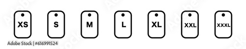 Set of label with size letter. Clothing label vector icon. Xs, s, m, l, xl, xxl, xxxl.