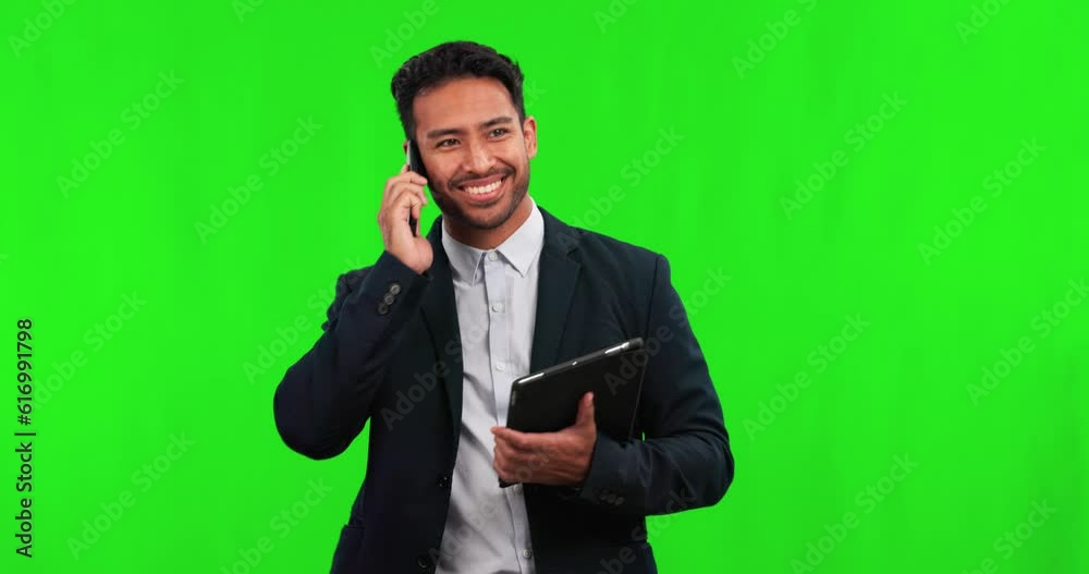 Green screen, business man and walking with phone call on smartphone, communication or networking negotiation with tablet. Asian male employee, corporate or talking on cellphone for contact in studio