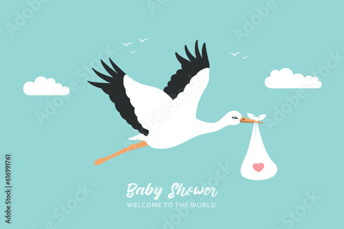 baby welcome greeting card with stork in blue sky vector illustration EPS10