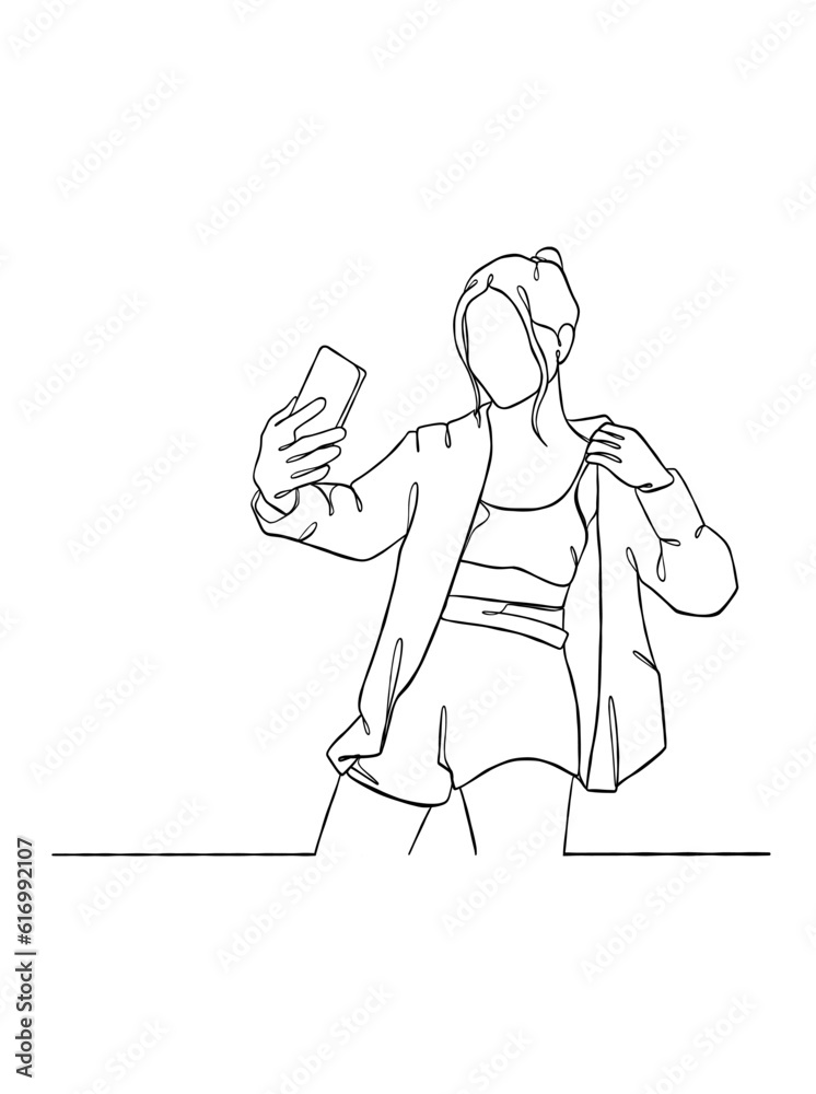 Continuous one line drawing of a woman taking a selfie. Vector illustration.