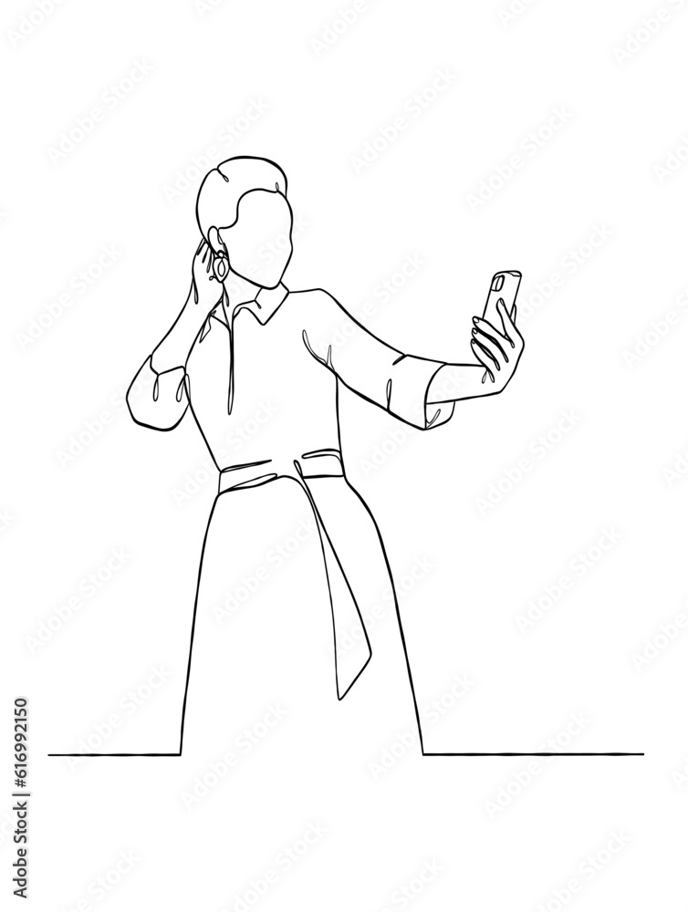 Continuous one line drawing of a woman taking a selfie. Vector illustration. Continuous one line drawing of a woman taking a selfie. Vector illustration.