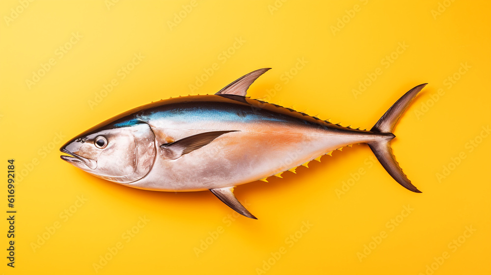 A tuna, top view, orange gradient background. Generative AI image.