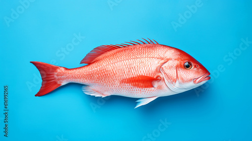 A red snapper, top view. Blue gradient background. Generative AI image.