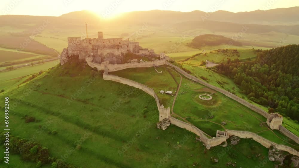 Aerial view of the Spis castle at sunrise, Unesco World Heritage Site, Slovakia