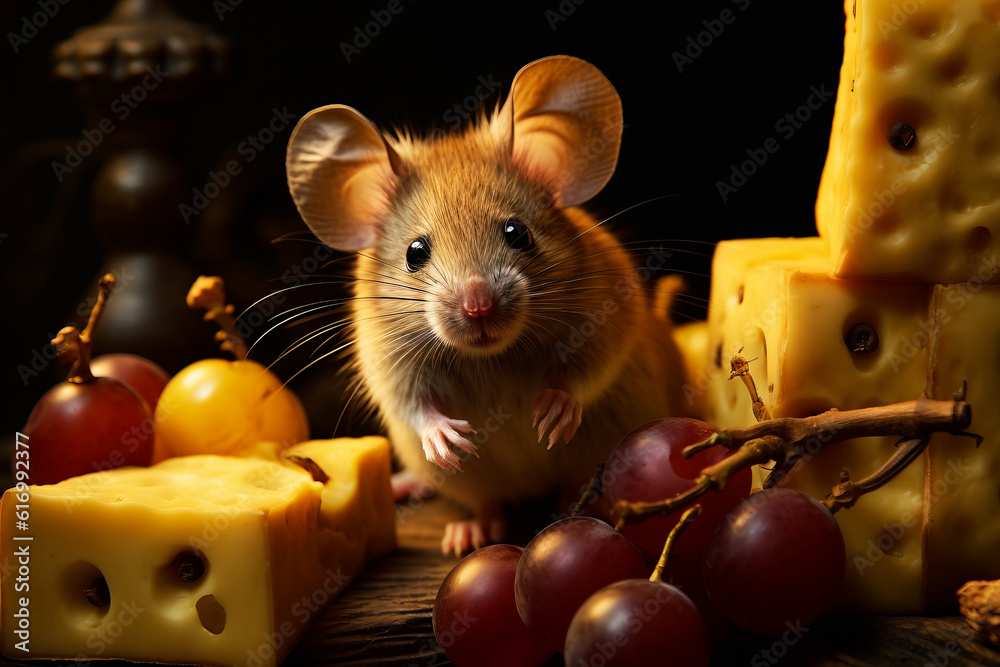 Cute little mouse with cheese. Generative AI