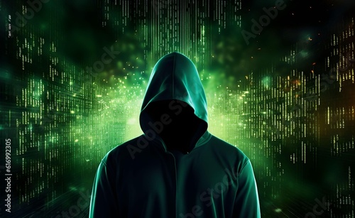 Unrecognizable hacker cyber criminal in hood with dark matrix digital background. Security system cyber attack. Generative AI.