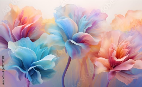 Rainbow flowers in soft pastel, blurred faded smokin feeling of a dream. Generative AI.