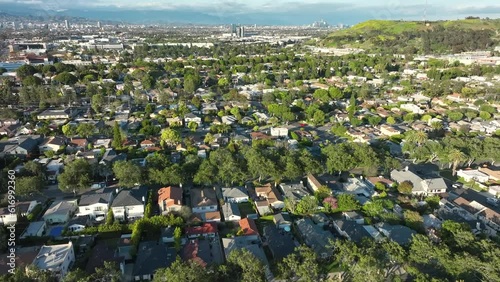 Aerial View Flying Over Residential Neighbourhood At Culver City, Los Angeles. Establishing Shot photo