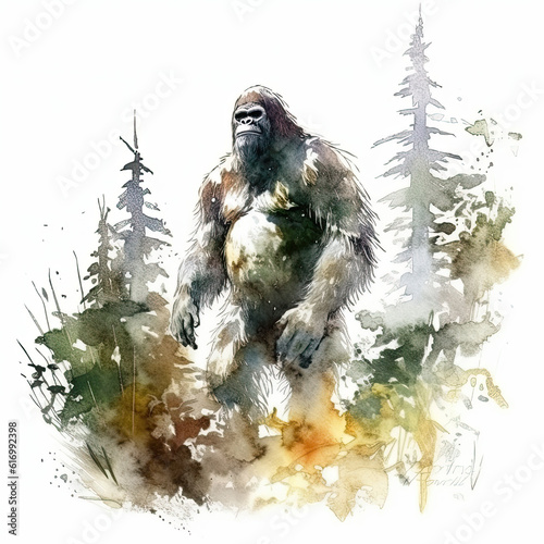 Bigfoot, sasquatch, yeti, yeren, yowie, watercolor, bigfoot silhouette, AI Generated photo