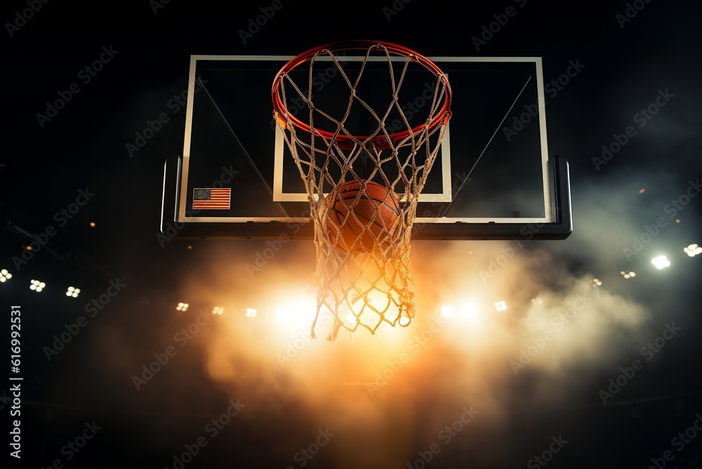 The basketball hoop stands tall, its metal frame glistening in the sunlight. The backboard, made of sturdy transparent material, is marked with vibrant lines and a bold logo.