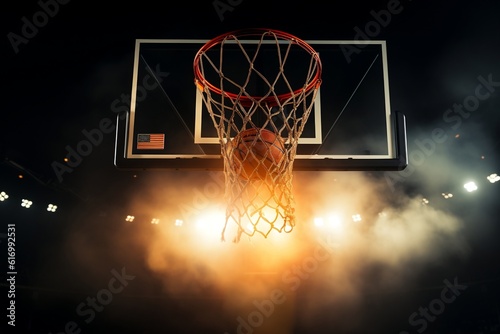 The basketball hoop stands tall, its metal frame glistening in the sunlight. The backboard, made of sturdy transparent material, is marked with vibrant lines and a bold logo. © Olena