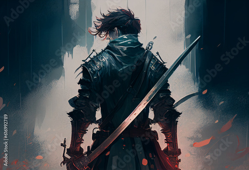 A guy with a sword in battle in anime style. AI Generated