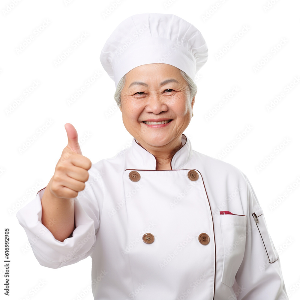 Portrait of Asian woman chef showing thumbs up smiling happy face expression, wearing uniform. Png element isolated on transparent background. Generative Ai. Portrait of Asian woman chef showing thumbs up smiling happy face expression, wearing uniform. Png element isolated on transparent background. Generative Ai.