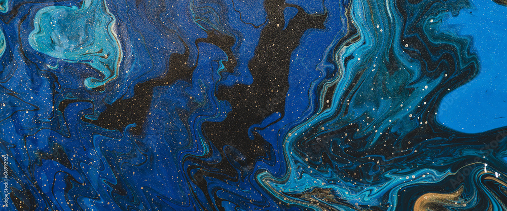 Fototapeta premium Fluid art background in blue tints with gilding. Flowing wave effect of liquid ink. Dark phantom blue with golden stains. Fantasy abstract texture of acrylic paints. Surreal color mix. Gold on blue.