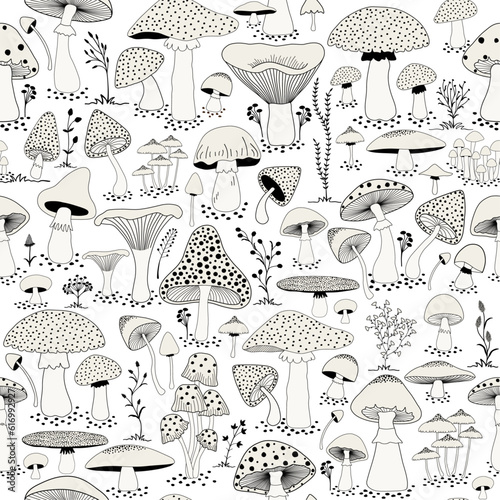 Seamless pattern with cartoon mushrooms and field plants