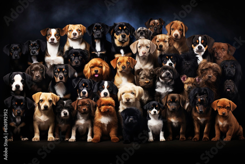 Many puppies on a dark background. Generative AI
