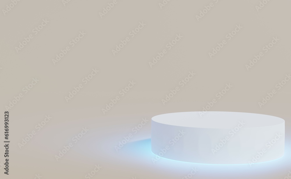 A simple white podium is laid out on a turquoise neon-lit floor., 3d rendering A simple white podium is laid out on a turquoise neon-lit floor., 3d rendering
